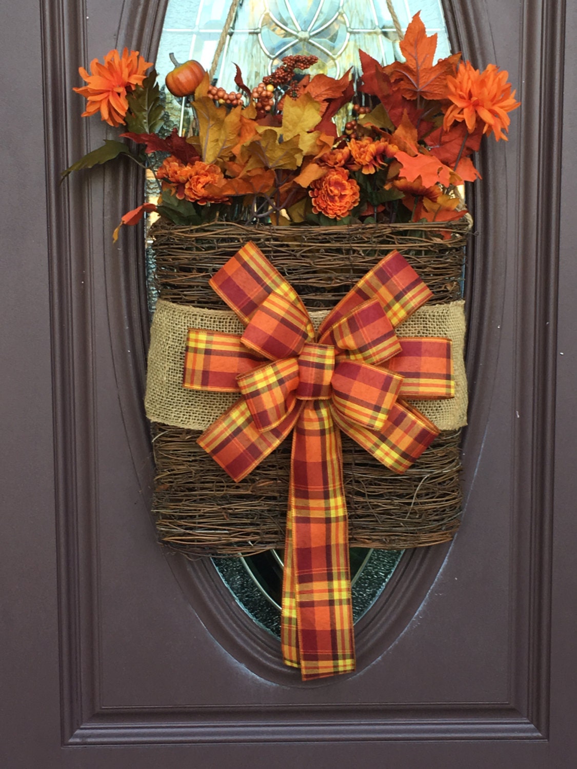 Rustic Autumn Hanging Basket/ Fall Holiday by CustomBowsByJami