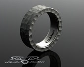 Hammered heavy wedding band. 14kt blackened gold. Rough hewn rustic organic mens ring. 8mm wide hammered commitment ring. Contemporary.