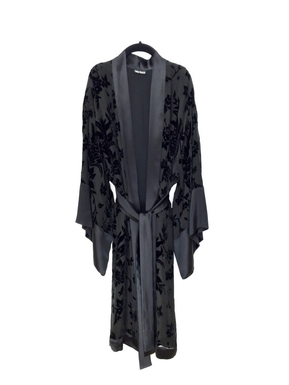 Silk velvet Kimono jacket lined robe in a black burnout silk