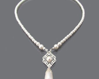 Filigree and pearl drop necklace Silver, Bridal pearl drop necklace, Pearl drop necklace, Statement bridal necklace