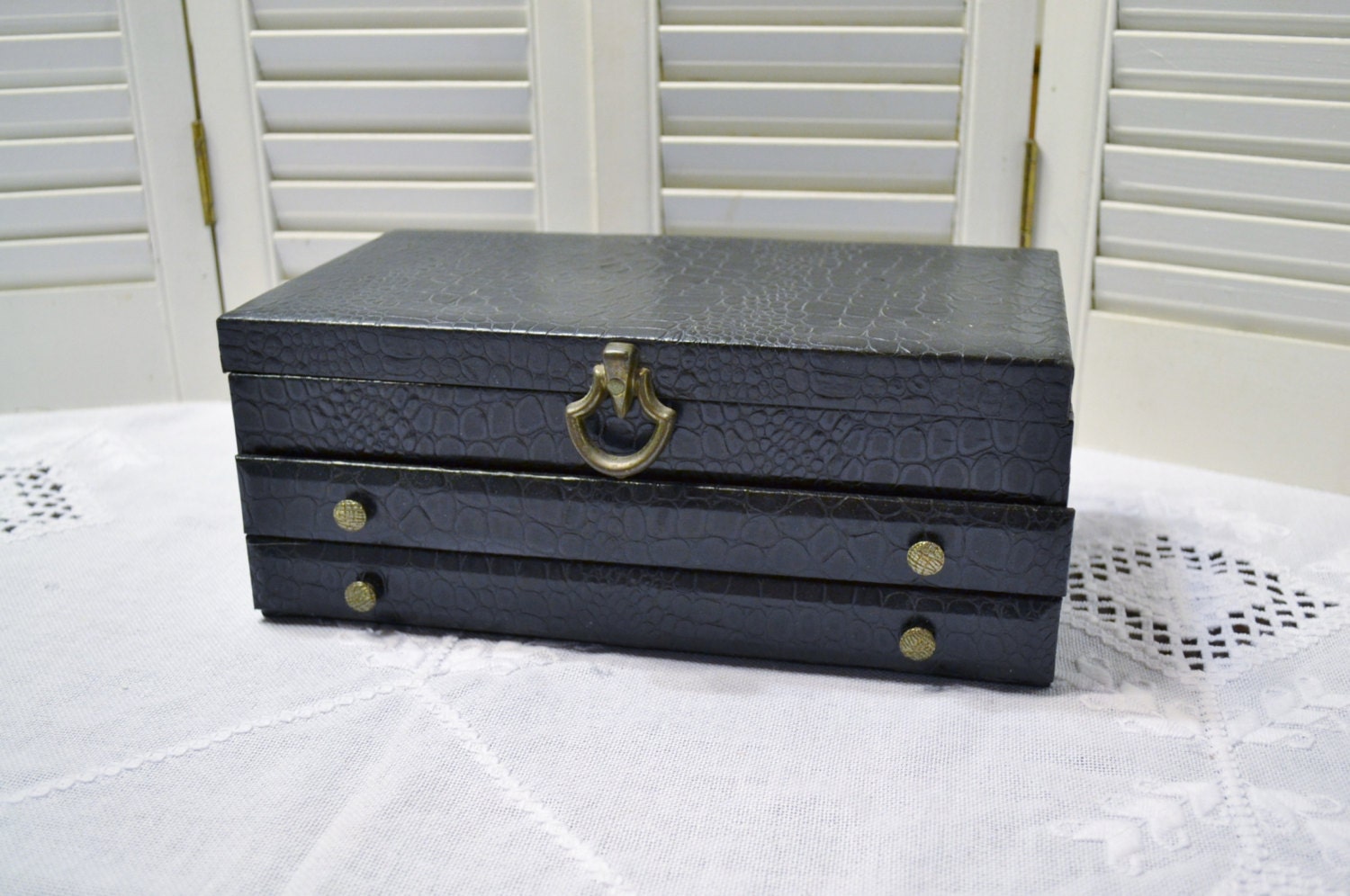 Vintage Jewelry Box Black Faux Leather Red Velvet Interior