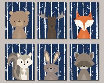 Boy Nursery Art WOODLAND Nursery Art Woodland Printable Woodland Animals Nursery Decor Woodland Baby Shower Navy Set Of 6 Prints Or Canvas