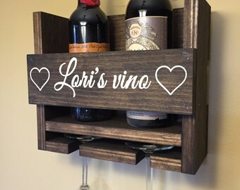 Personalized Wine Rack | Engraved Carved | Custom Rustic 3 Bottle Wall Mount | Wine Rack with 2 Glass Slot Holder