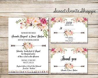 Floral Wedding Invitation, Boho Wedding Invitation Set, Rustic Wedding, Tribal Wedding Invitation, Watercolor Floral Invitation Suite