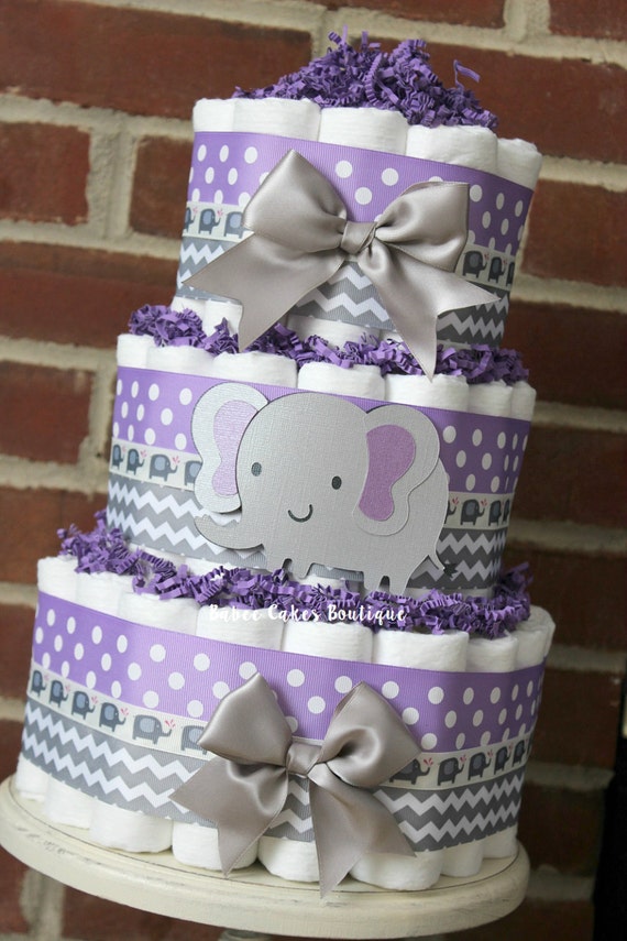 decorations baby oh shower baby Cake and Gray Purple Diaper Gray Tier Purple Elephant 3