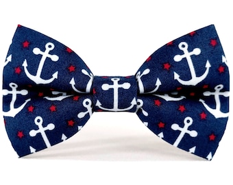 Nautical Dog Bow Tie,Dog Bow, Patriotic Anchors (Navy Blue, White, Red), Removable Dog Accessory for Pet Collar