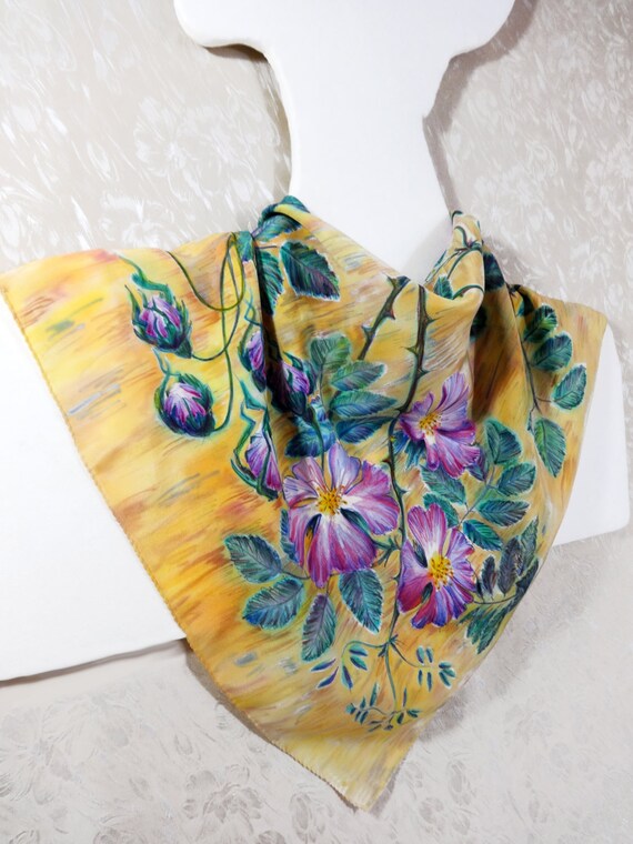 Art silk scarf hand painted Designers painting Floral square