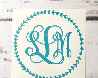 Vinyl Monogram Decal Car Decal Notebook Decal Small Monogram Decal Laurel Border Three Initial Monogram Vinyl Decal Sticker