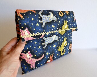 Tablet case, Blue clutch, navy wallet, envelope clutch, colourful cats, gadget bag, kindle case, cute cats, travel wallet, kids tablet case