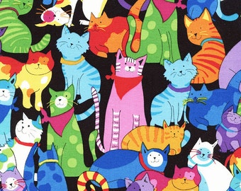 Colorful Cat Fabric, Timeless Treasures Gail C3180 Multi, Colorful Happy Cats, Kitty Fabric, Cat Quilt Fabric, Cotton Yardage
