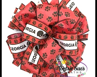 Georgia Bulldogs Paw Print Bow, Game Day Bow, Black Red White Bow, Craft , Wreath Bow, Mailbox Bow, Door Bow, Tailgating Bow, Dawg Dorm Bow