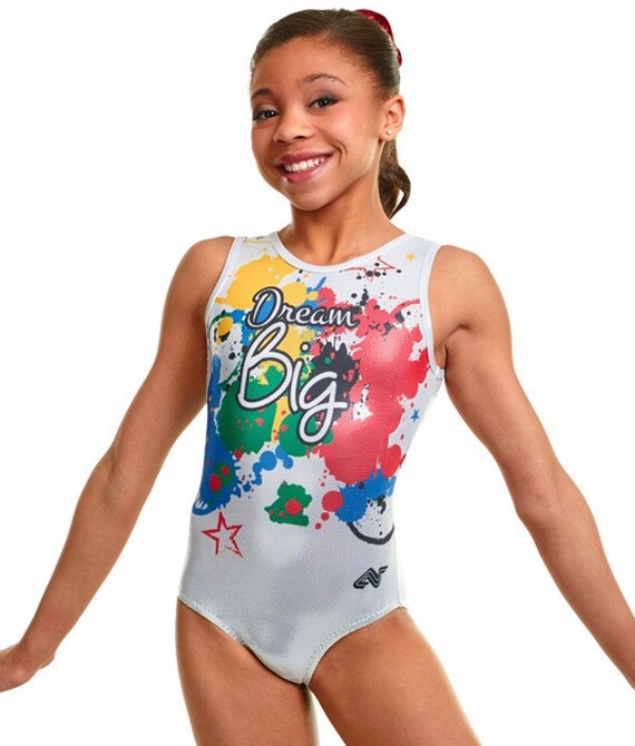 Dream Big Gymnastics Leotard sublimated white liquid metallic
