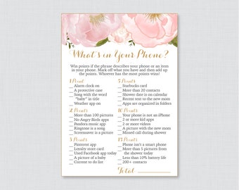 Floral Baby Shower What's in Your Phone Game - Printable Phone Raid Game - Blush Pink and Gold What's in Your Phone Game - Phone Game 0044