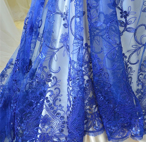 Stunning Sapphire Embroidery Lace Fabric with Sequins Corded