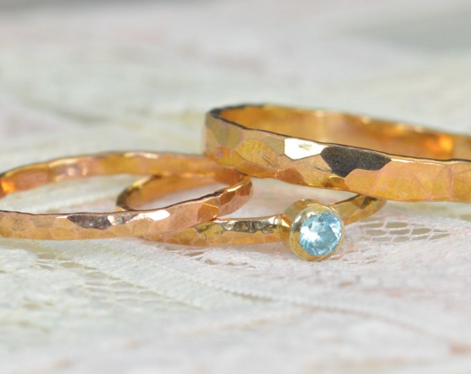 Aquamarine Engagement Ring, 14k Rose Gold, Aquamarine Wedding Ring Set, Rustic Wedding Ring Set, March Birthstone, Solid 14k Aquamarine Ring