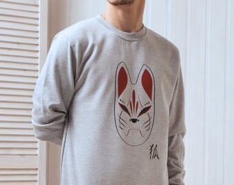 Japanese Sweatshirt – Kitsune Fox Mask T Shirt – Kitsunemen Kitsune Men Inari Japan Anime Manga Kawaii Printed Shirt Jumper Long Sleeve