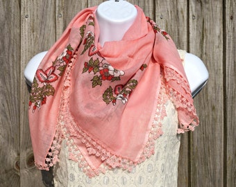 Coral Turkish Yemeni Scarf - Turkish Oya Scarf - Needle Crochet Yemeni - Handmade Shawl