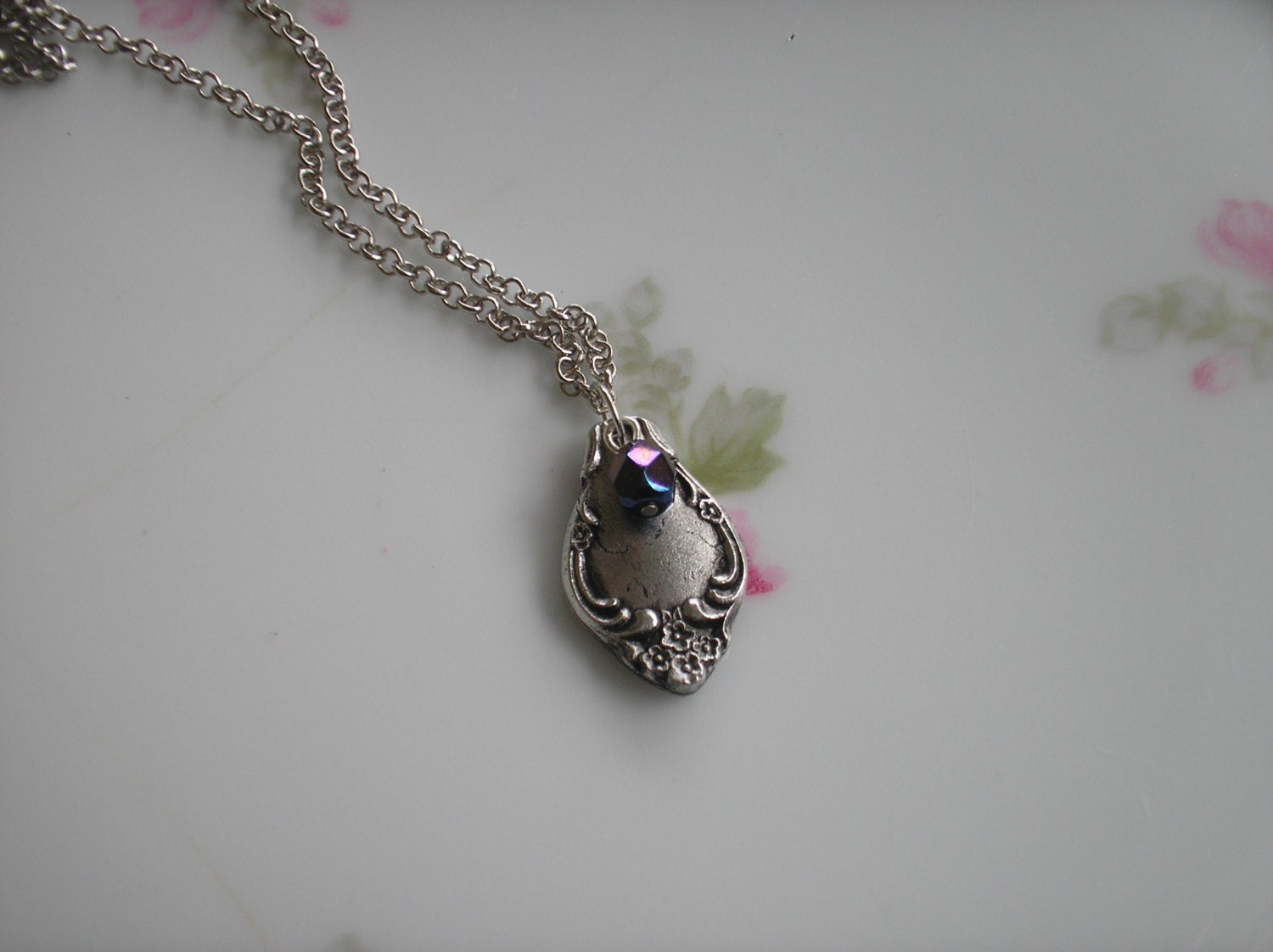 NEW Vintage style silver spoon necklace with purple jewel