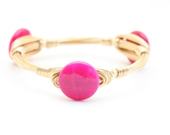 Pink Jade Stone Wire Wrapped Bangle Bracelet by CAKEbyCHRISTINA