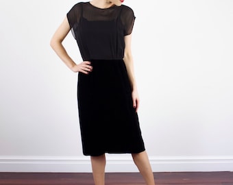 Vintage 1950s Black SILK Sweetheart Illusion Dress / Semi Sheer Bodice / Velvet Skirt / M