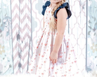 Girls Dress, Flamingo Dress, Toddler Summer Dress, Chambray Dress, Flutter Sleeve Dress, Girls Spring Dress, Boutique Girls Clothes, Spring