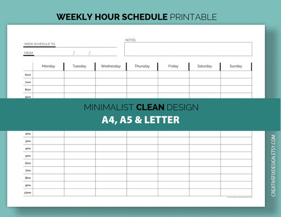 Weekly Schedule 6am 10pm. Printable organizer. Black white