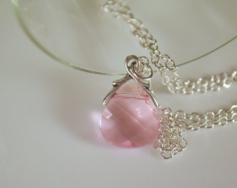 Light Rose Pink Swarovski Crystal Briolette Pendant Necklace, Pink Crystal, Gifts for Her,