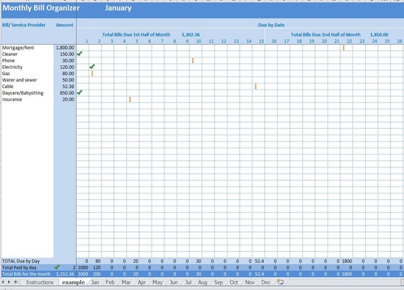 Monthly Bill Organizer Excel Template Payments Tracker by ...