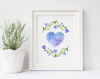 Heart Printable, Scandinavian Folk Art Print, Love 8x10 Instant Download, Blue Watercolor Artwork, Digital Download, Wall Decor