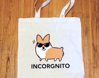 Incorgnito Corgi Tote Bag | Lightweight Canvas Tote | 100% Cotton | 15x16 inches
