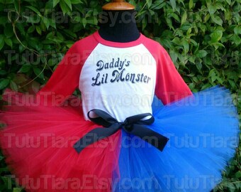SALE Harley Quinn Suicide Squad Shirt & Tutu Costume Set Daddy's Lil Monster Red Sleeved Top, Red Blue 8" Extra Full Tutu Skirt for Girls