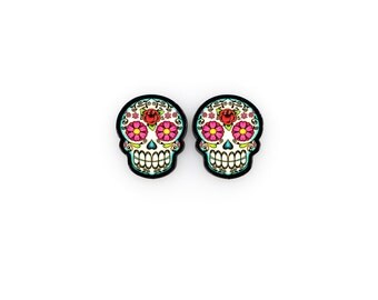 Dia de los Muertos Floral Sugar Skull Post Earrings