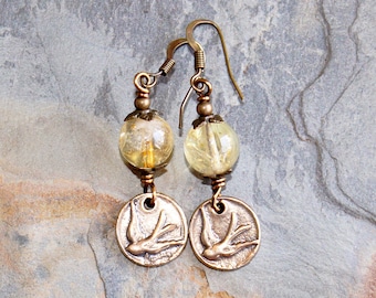 Bird Earrings, Citrine Earrings, Yellow Earrings, Natural Stone Earrings, Gemstone Earrings, Bronze Earrings, Spring Earrings, Handmade