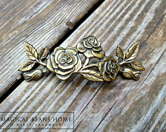 Rose Dresser Pulls Shabby Chic Furniture Pulls KBC Cabinet Pulls Vintage Antiqued Brass Drawer Pulls Floral Dresser Hardware