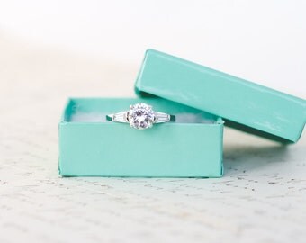 SALE - Art Deco Engagement Ring - Solitaire Ring - Round Cut Wedding Ring - Baguette Ring - Vintage Style Ring - Sterling Silver