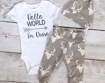 Baby boy coming home outfit, hello world, Newborn boys going home outfit, Coming home outfit, deer theme, grey bucks, stag