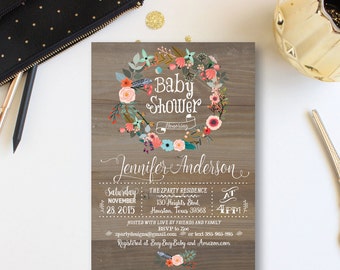 Vintage Wood Baby Shower Invitation, Floral wreath Baby Shower Invite, Baby Shower Invitation, Summer Invitation, Free Thank You Card, WR