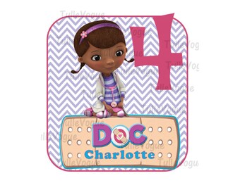 Doc McStuffins IRON ON TRANSFER - purple chevron - girl birthday - Birthday any name any number - Diy