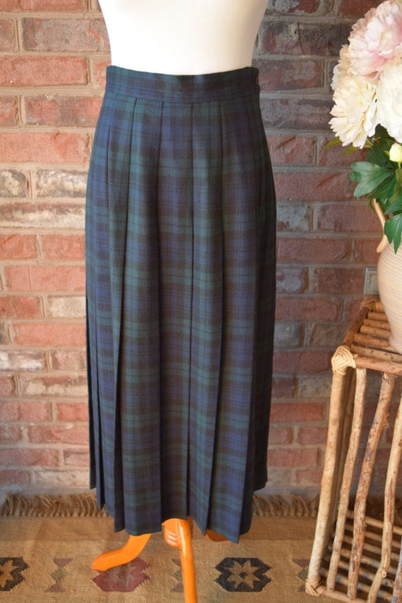 Preppy Long Wool Skirt L.L. Bean Black Watch Plaid A-Line