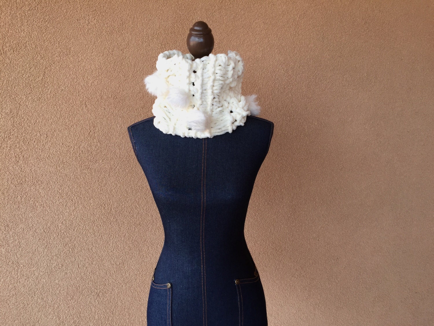 Pom Knit Cream Scarf Chunky Knit Hand Knit Cream Thick Scarf