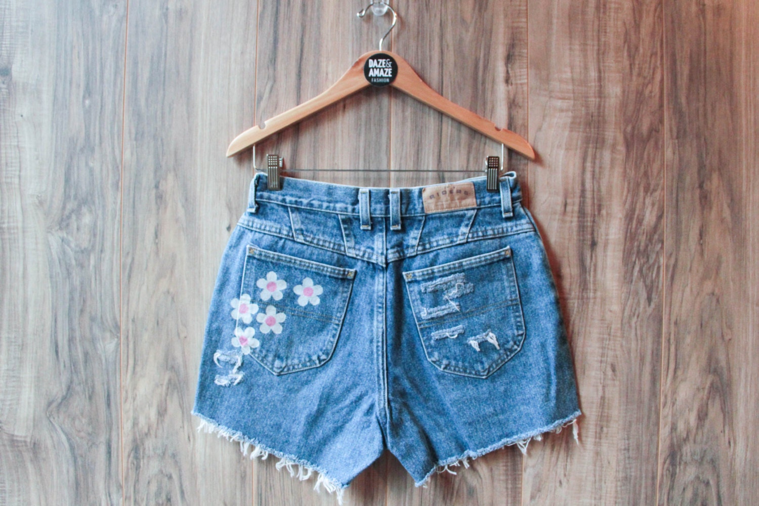 Pink daisy denim shorts High waisted denim shorts Painted