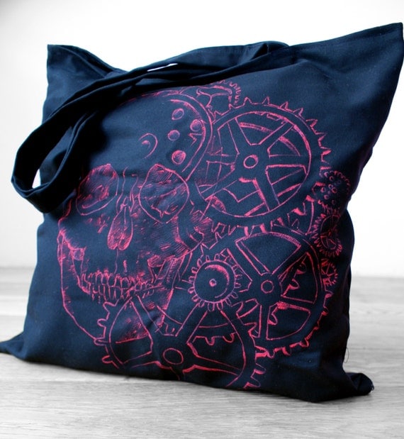 Skull Steampunk canvas bag, Reusable black hand painted shopping bag, Goth bag by KropkaDesign steampunk buy now online