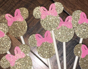 Minnie Mouse cupcake toppers. Pink and gold Minnie Mouse cupcake toppers. Gold, silver or black Minnie Mouse cupcake toppers. Set of 12