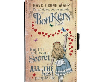 Alice in Wonderland iPhone Samsung Leather Wallet Flip Case Cover Alice Bonkers Hearts