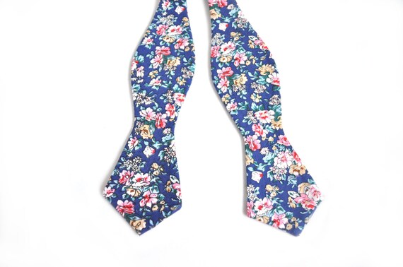 blue and pink floral bow tie
