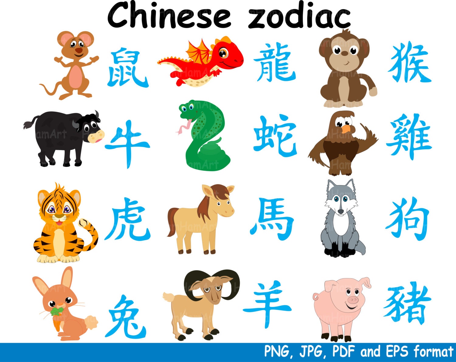 Chinese zodiac Horoscope signs Clip Art cut Design files