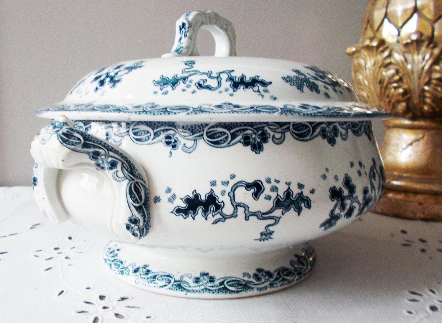 Antique French Ironstone Soup Tureen Blue and White Stamped in
