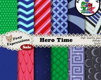 Hero Time digital paper inspired by PJ Masks. Designs include Owlette feathers, Catboy suit pattern, Gekkos scales, Night Ninjas suit & more