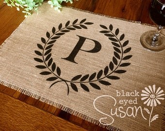 Monogram Laurel Wreath Placemat of Natural Burlap with Raw and Reinforced Edge | 11" x 16"