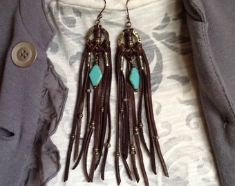 leather fringe earrings boho style festival jewelry rustic earrings Czech glass